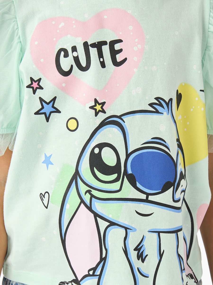 Round Neck Short Sleeve T-Shirt with Stitch Print