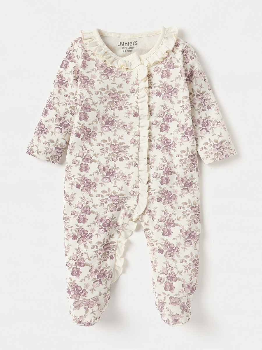Floral Print Closed Feet Sleepsuit with Long Sleeves and Button Closure