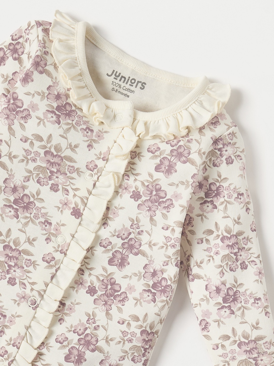 Floral Print Closed Feet Sleepsuit with Long Sleeves and Button Closure