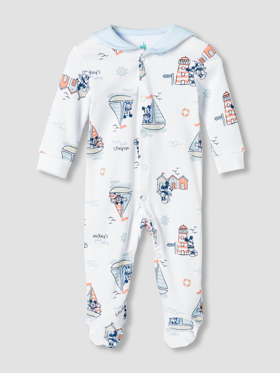 Cotton Sailor Neck Long Sleeves Sleepsuit with Mickey Mouse Print