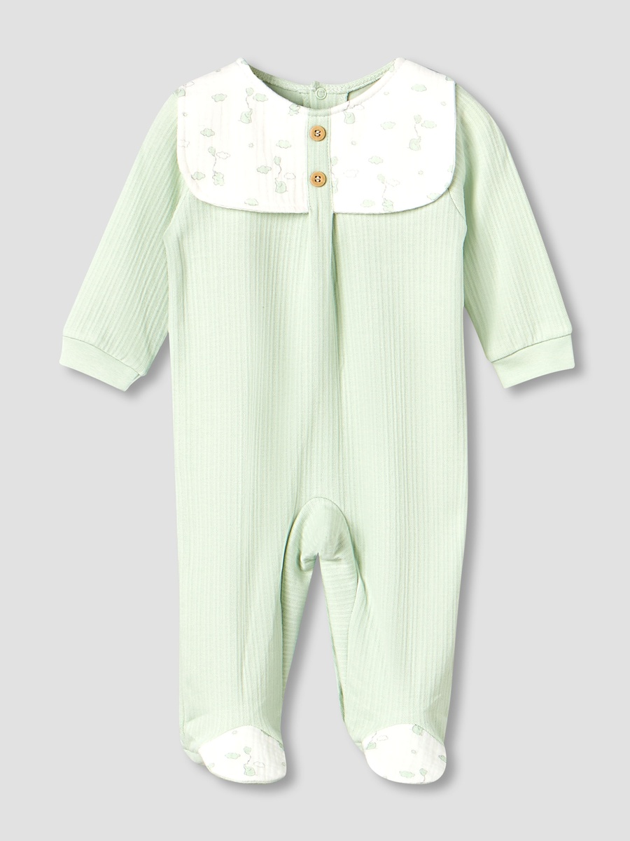 Cotton Round Neck Long Sleeves Sleepsuit with Printed Collar