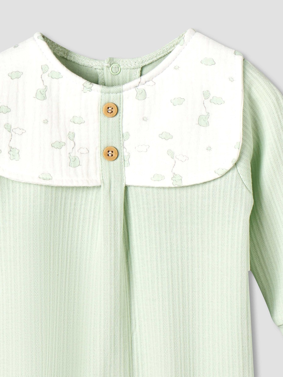 Cotton Round Neck Long Sleeves Sleepsuit with Printed Collar