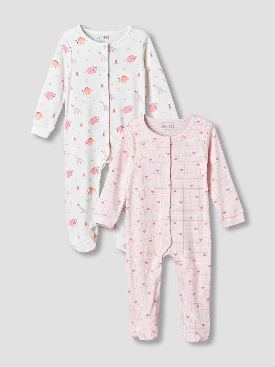 Pack of 2 Cotton Round Neck Long Sleeves Sleepsuit with Print