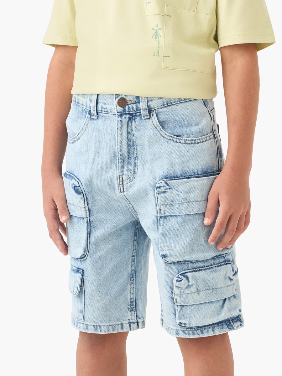 Button Waist Denim Shorts with Cargo Pockets