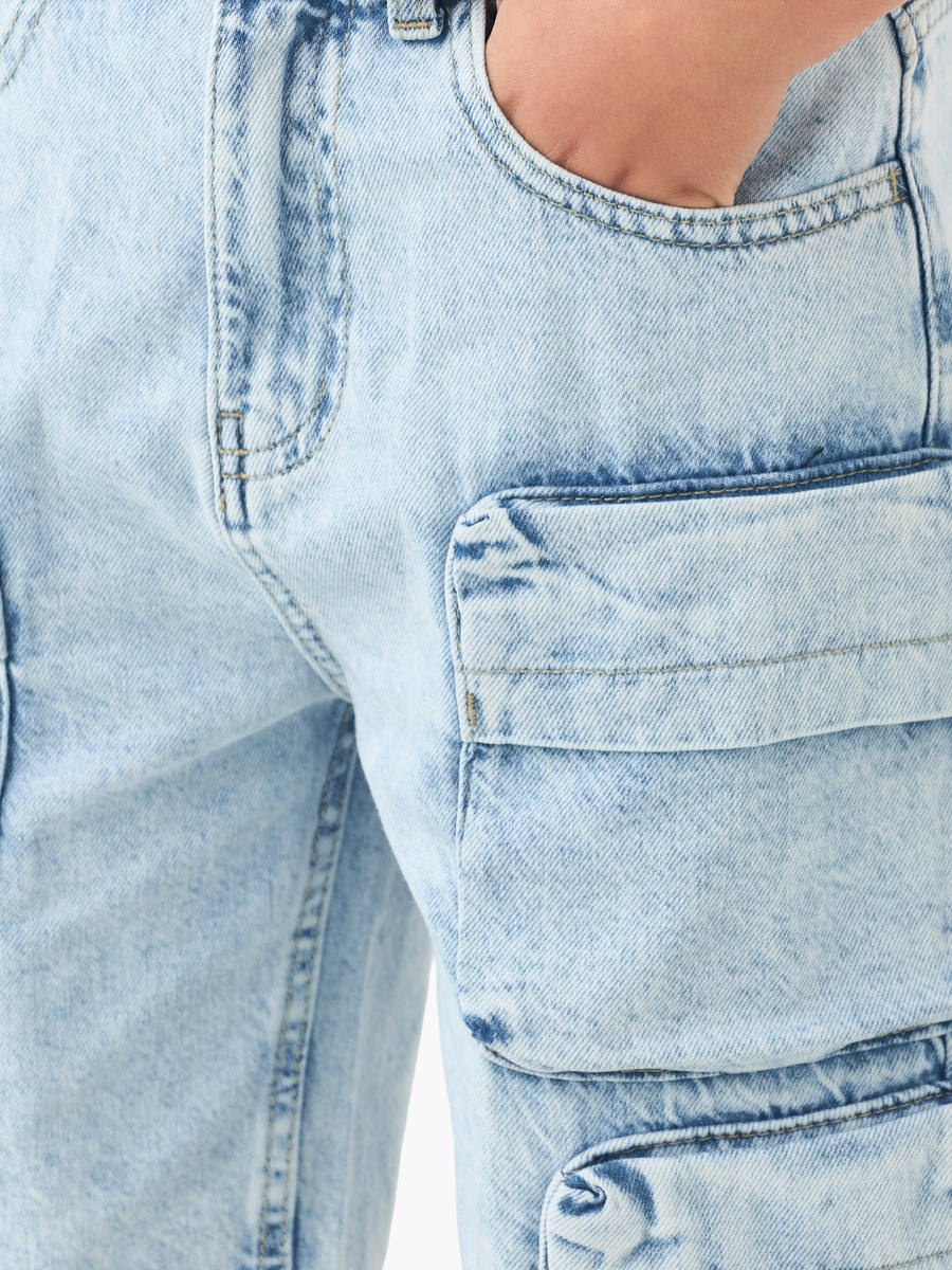 Button Waist Denim Shorts with Cargo Pockets