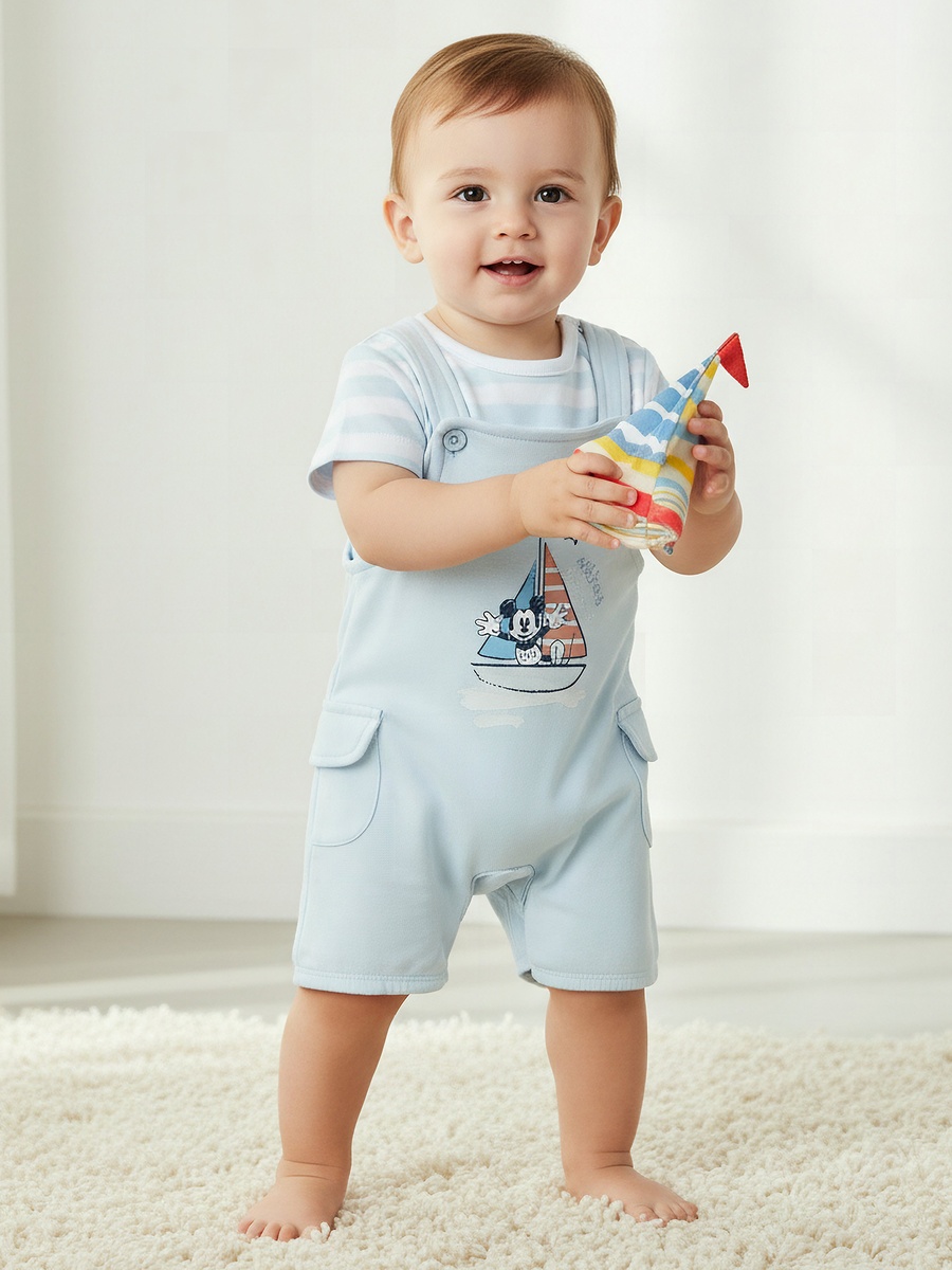 Round Neck Short Sleeve T-Shirt and Dungaree Set with Button Closure