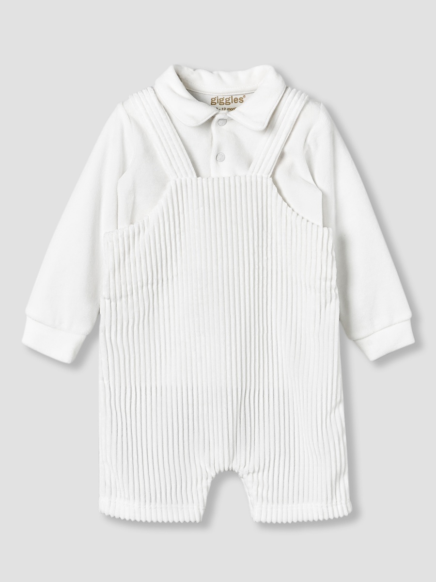 Collared Long Sleeves T-Shirt and Dungaree Set with Applique Design