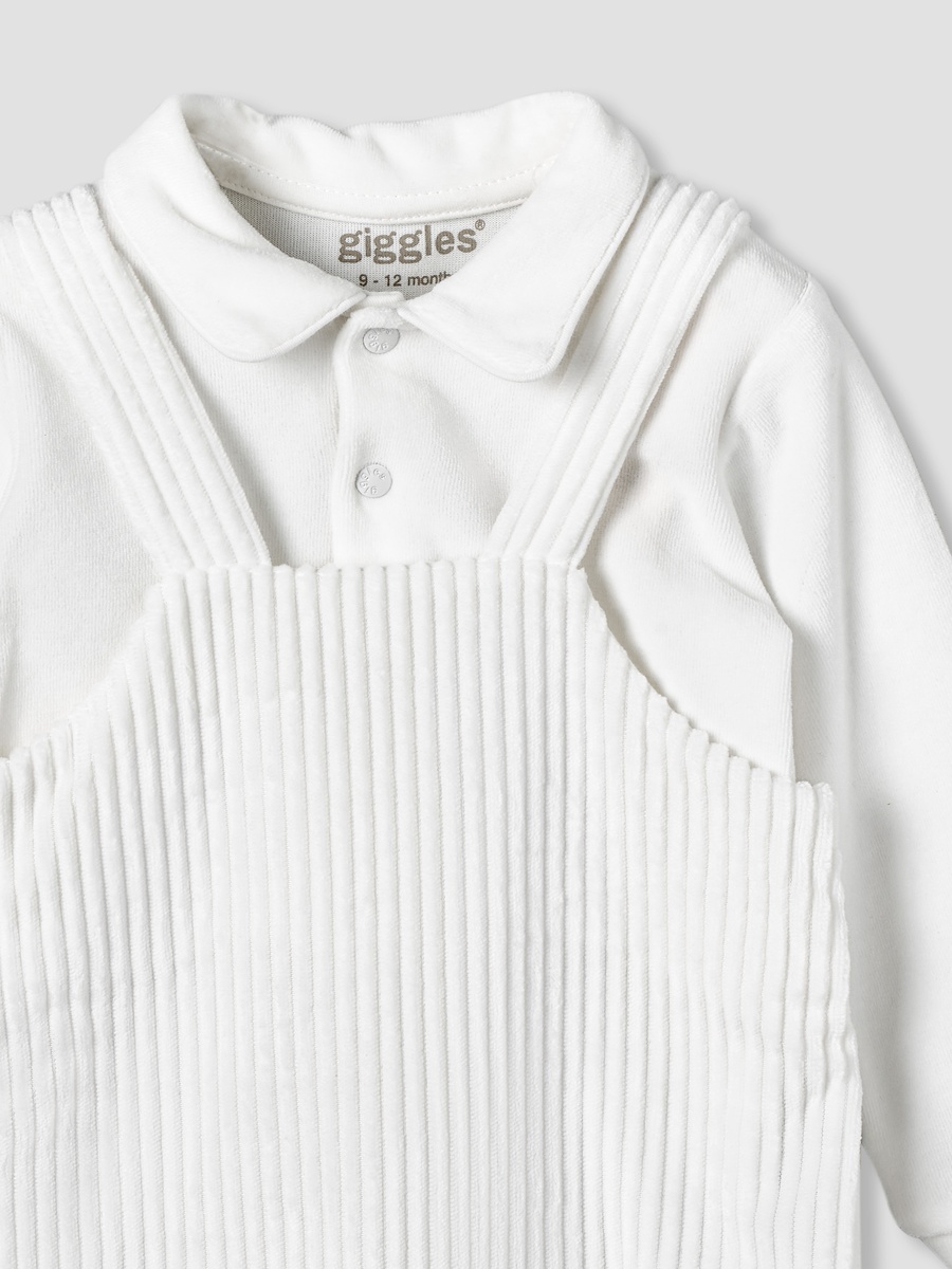 Collared Long Sleeves T-Shirt and Dungaree Set with Applique Design