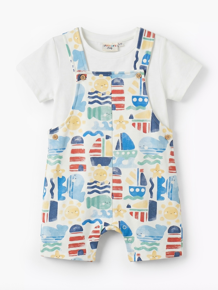 Crew Neck Short Sleeves T-Shirt and Dungaree Set with Marine Print