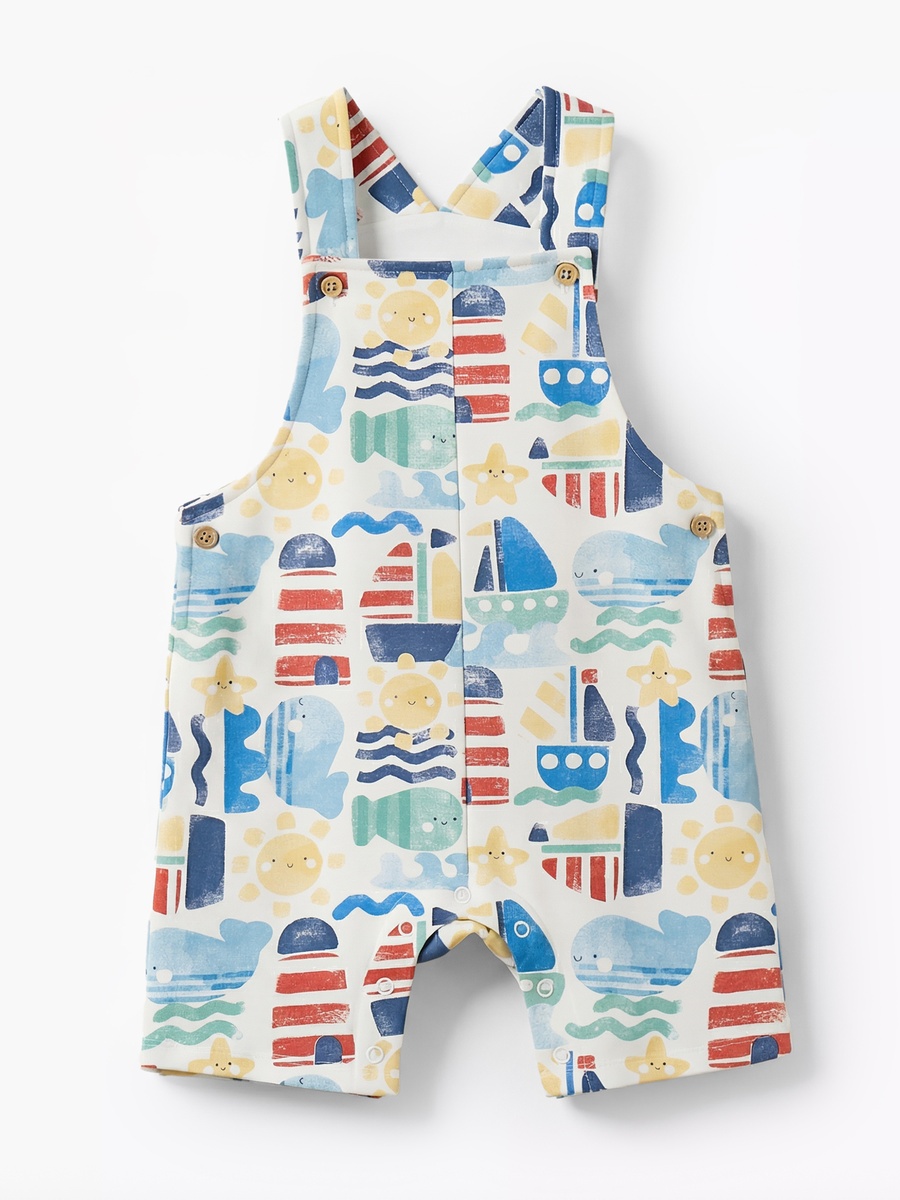 Crew Neck Short Sleeves T-Shirt and Dungaree Set with Marine Print