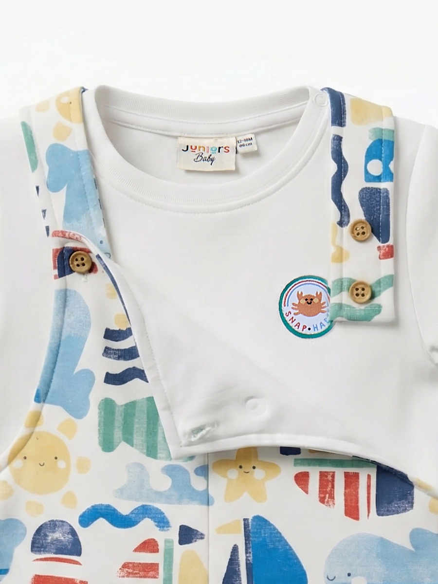 Crew Neck Short Sleeves T-Shirt and Dungaree Set with Marine Print