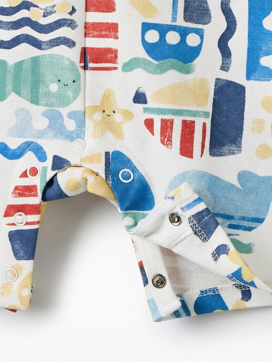 Crew Neck Short Sleeves T-Shirt and Dungaree Set with Marine Print