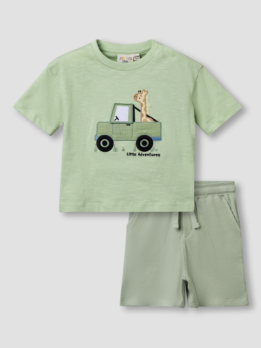 Crew Neck Short Sleeves T-Shirt and Shorts Set with Safari Embroidery