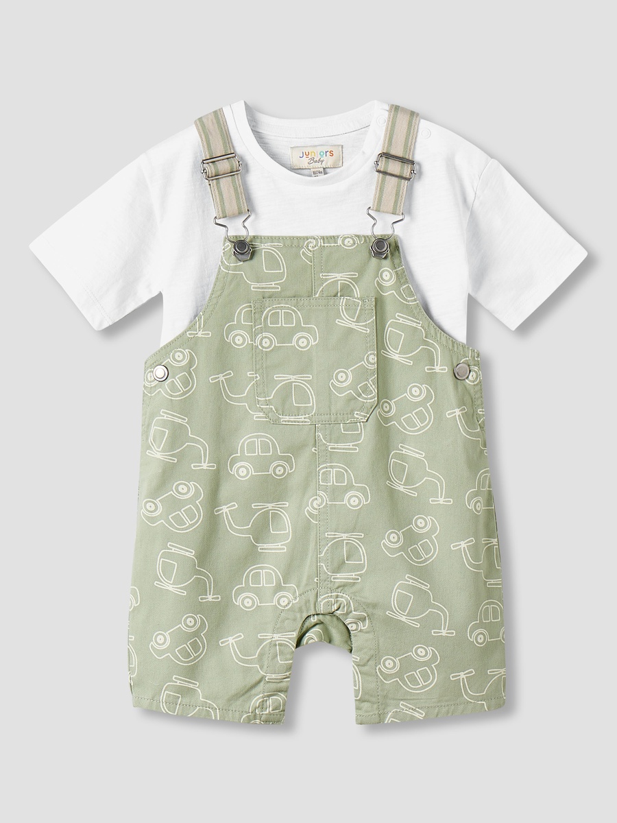 Crew Neck Short Sleeves T-Shirt and Dungaree Set with Vehicle Print