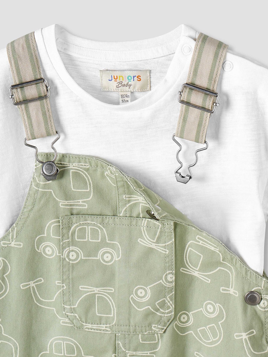 Crew Neck Short Sleeves T-Shirt and Dungaree Set with Vehicle Print