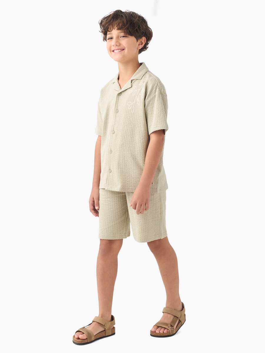 Camp Collar Short Sleeves Shirt and Shorts Set with Embroidery Detail