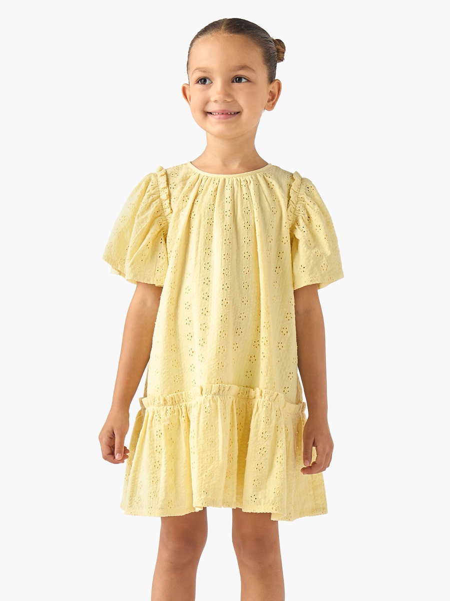Round Neck Short Sleeves A-Line Dress with Schiffli Detail