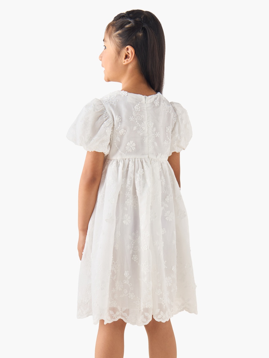 Peter Pan Collar Short Puff Sleeves A-Line Dress with Floral Embroidery