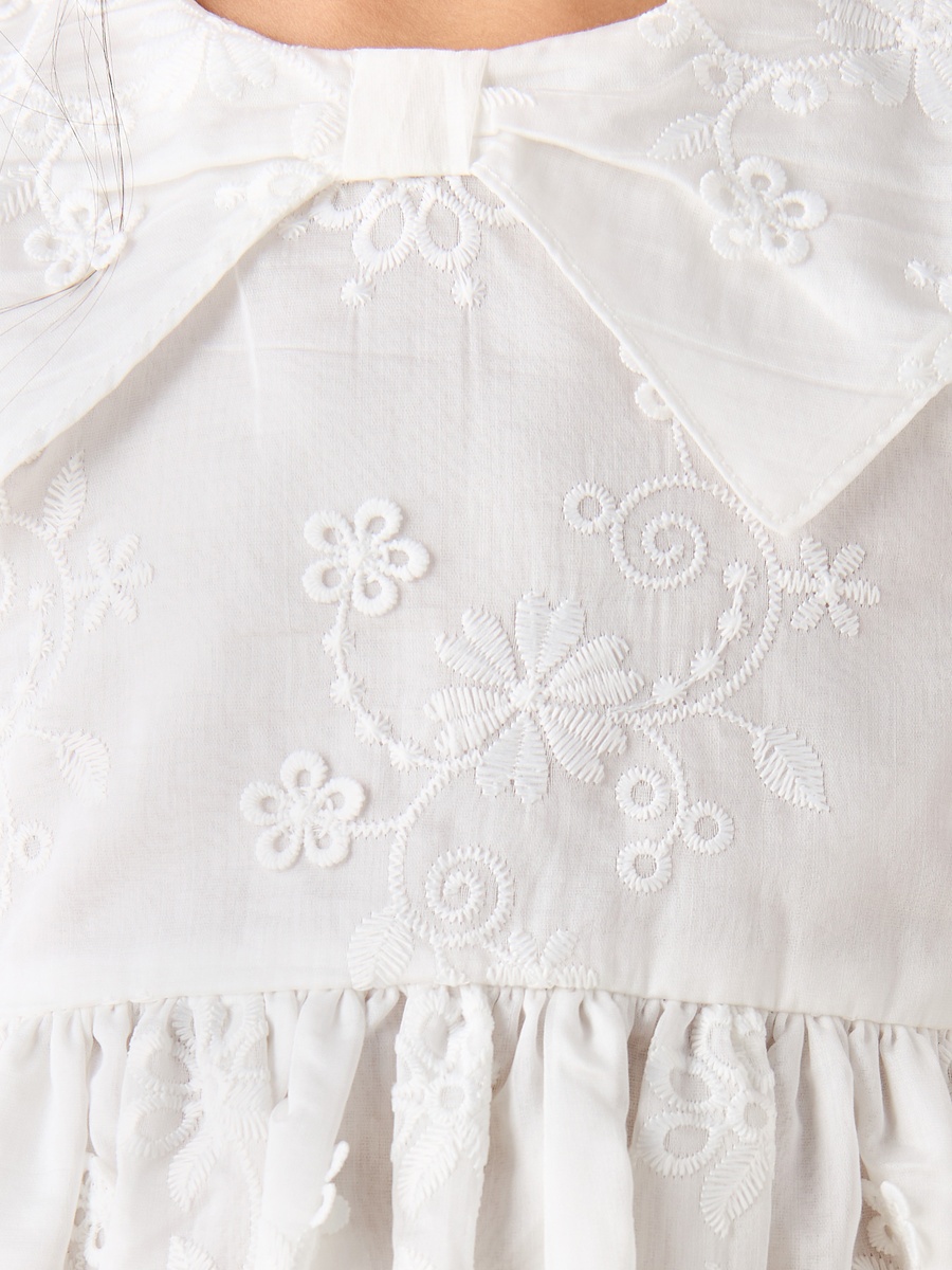 Peter Pan Collar Short Puff Sleeves A-Line Dress with Floral Embroidery