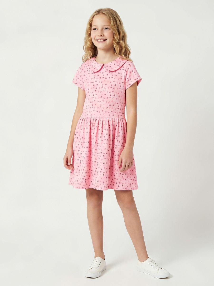 Peter Pan Collar Short Sleeve Dress with Bow Print