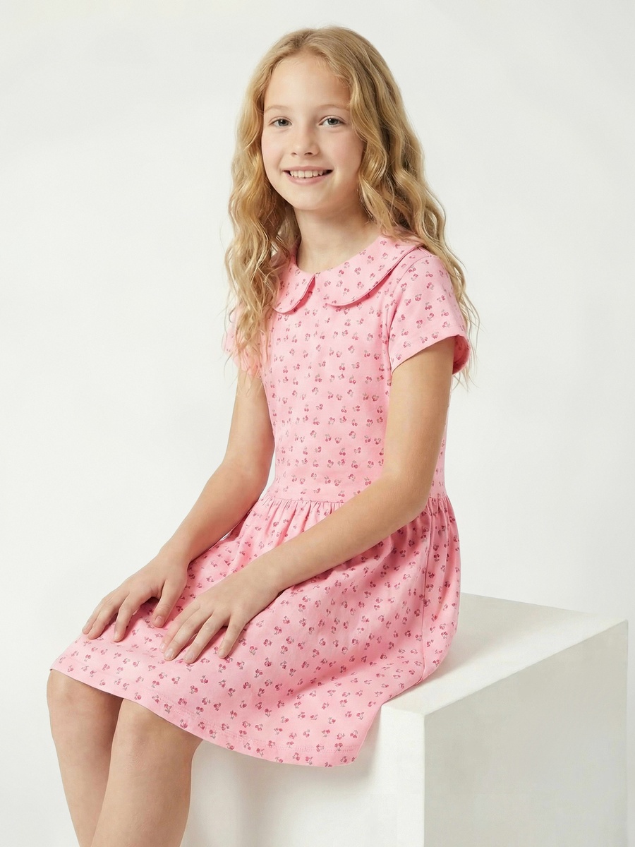 Peter Pan Collar Short Sleeve Dress with Bow Print