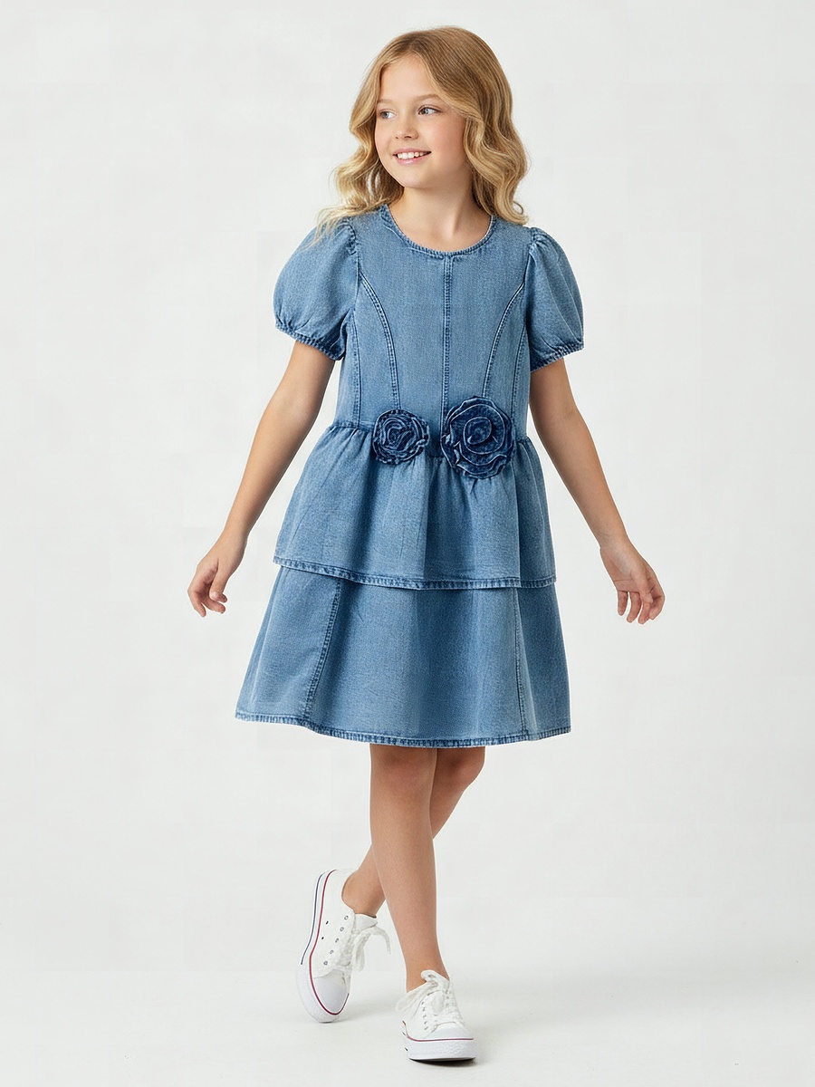 Round Neck Short Sleeve Dress with Floral Applique
