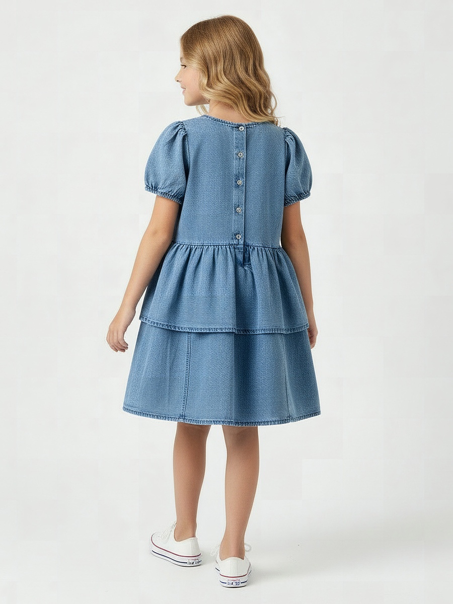 Round Neck Short Sleeve Dress with Floral Applique