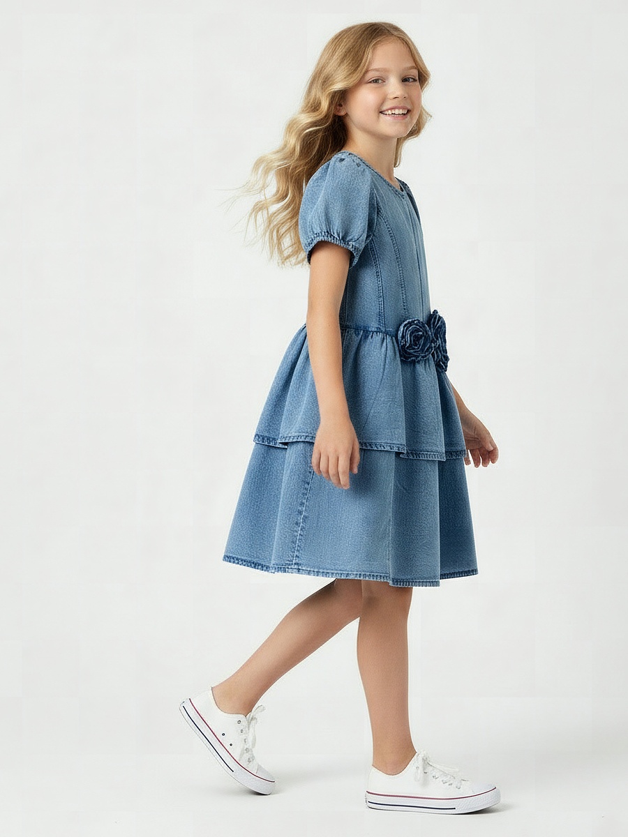 Round Neck Short Sleeve Dress with Floral Applique