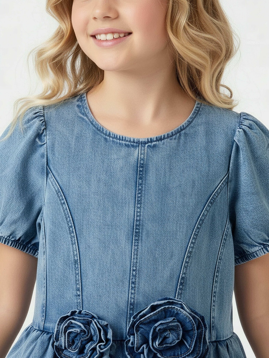 Round Neck Short Sleeve Dress with Floral Applique