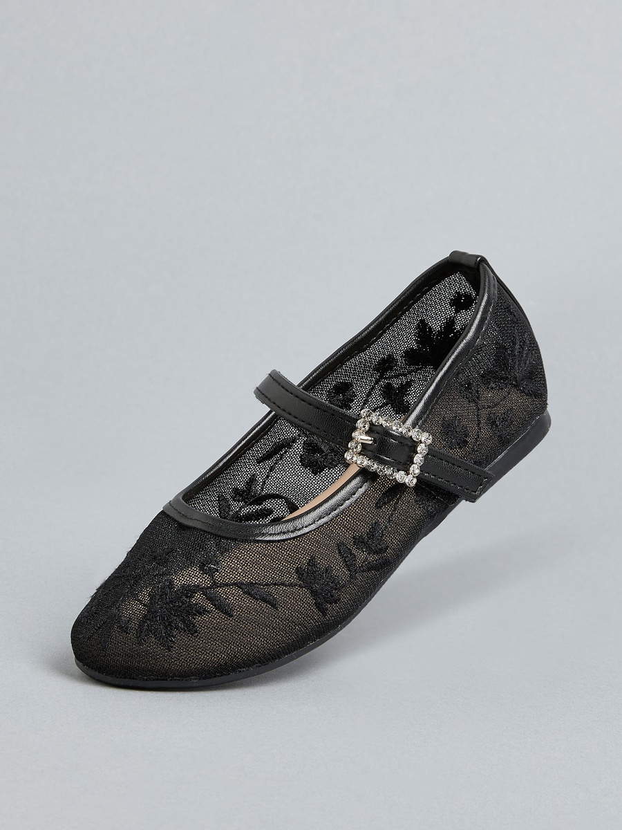 Embroidered Ballerina Shoes with Embellished Buckle Closure