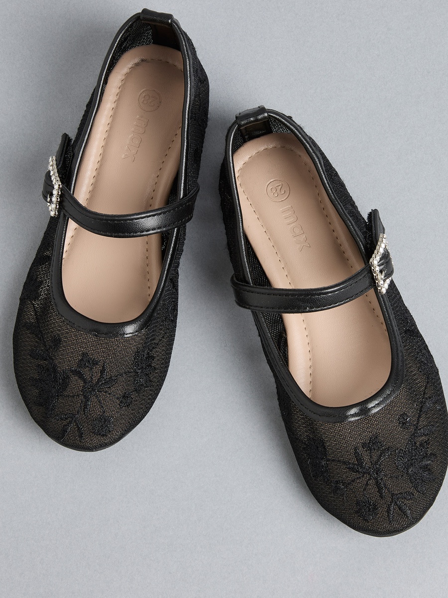 Embroidered Ballerina Shoes with Embellished Buckle Closure
