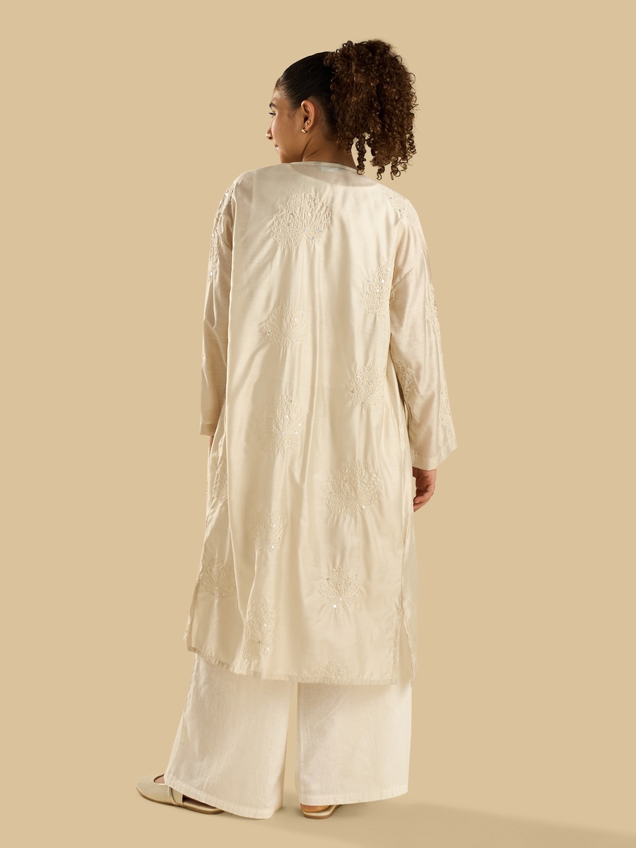 Embroidered Linen Blend Sleeveless Top with Longline Shrug 