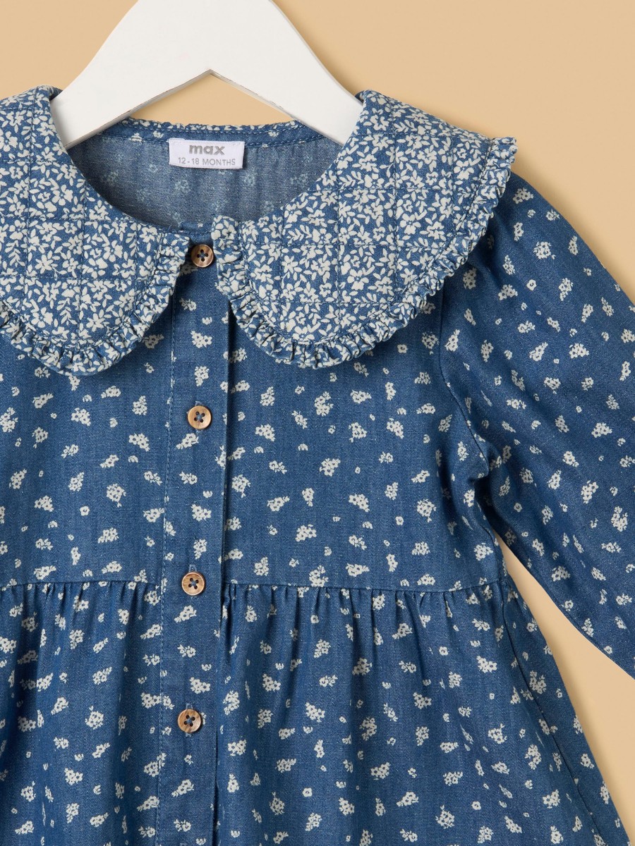 Printed Tiered Denim Dress with Quilted Collar