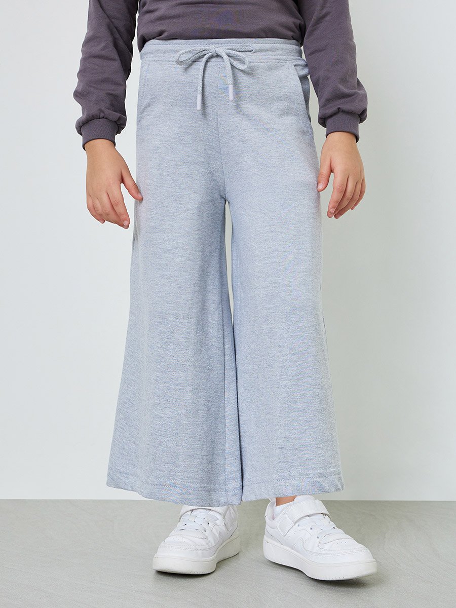 Girls Grey Cotton Wide Leg Cropped Joggers