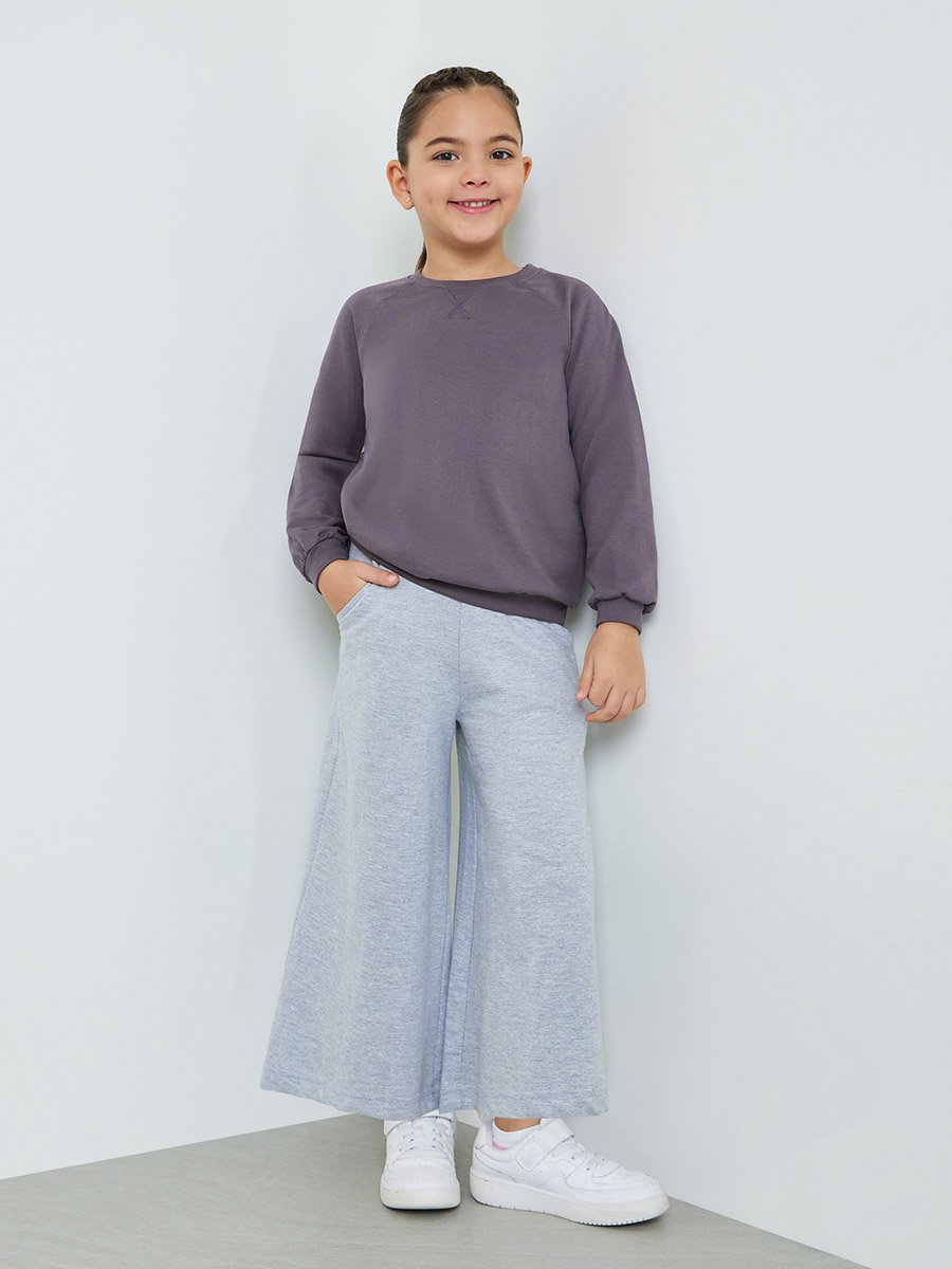 Girls Grey Cotton Wide Leg Cropped Joggers