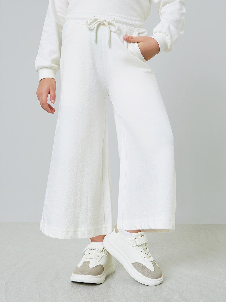 Girls Off White Cotton Wide Leg Cropped Joggers