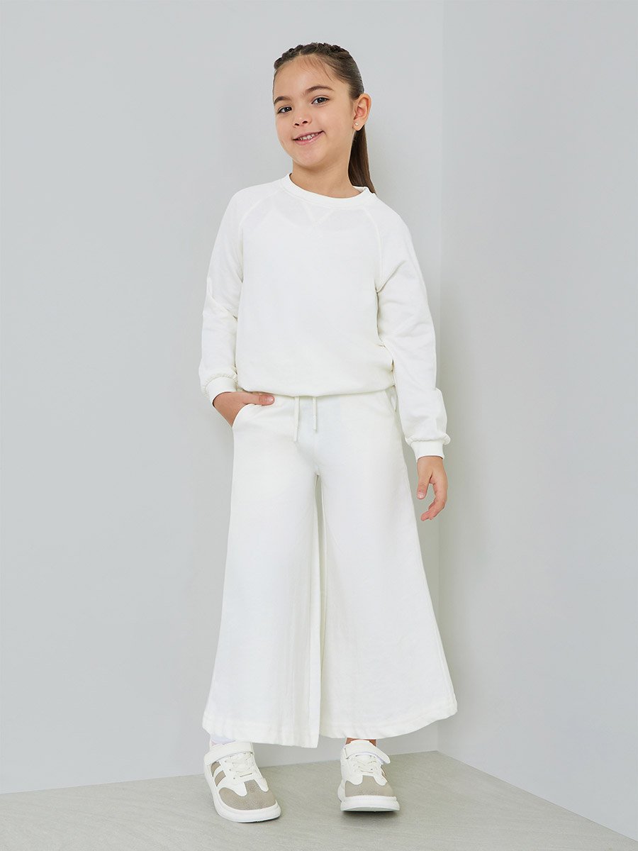 Girls Off White Cotton Wide Leg Cropped Joggers
