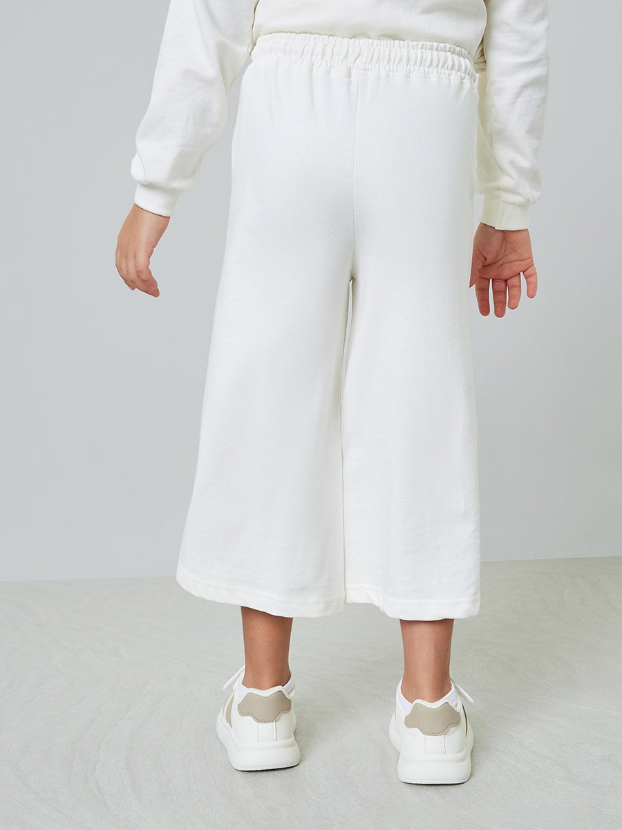 Girls Off White Cotton Wide Leg Cropped Joggers
