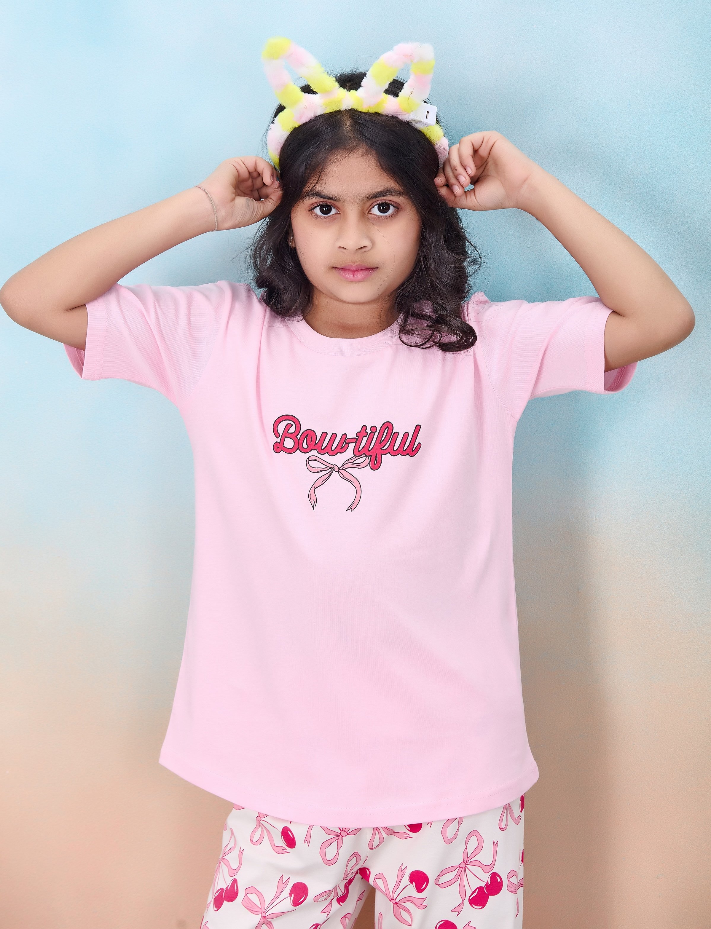 Girls Pink Cotton Bow Print T-Shirt and Pyjama Set