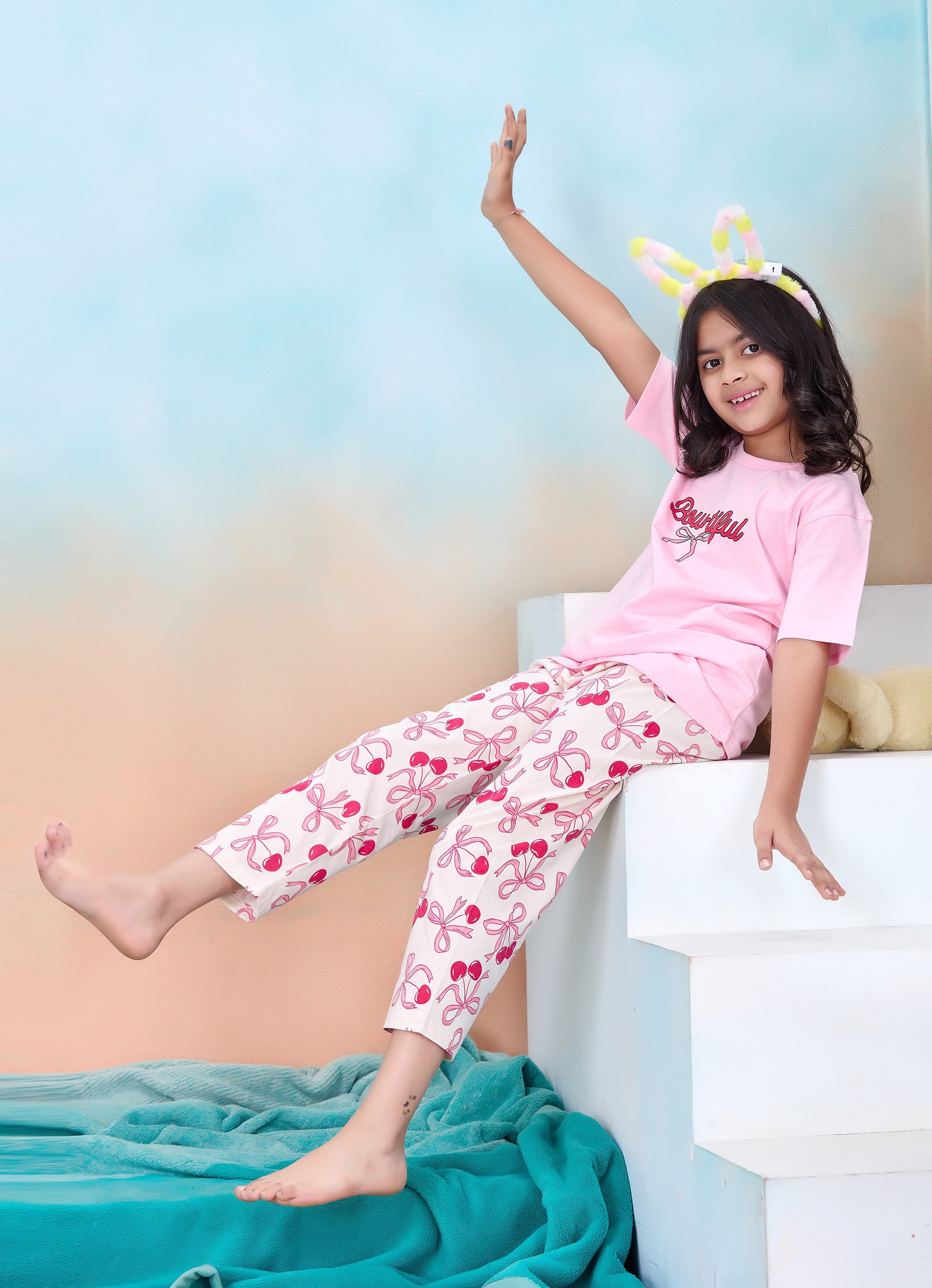 Girls Pink Cotton Bow Print T-Shirt and Pyjama Set