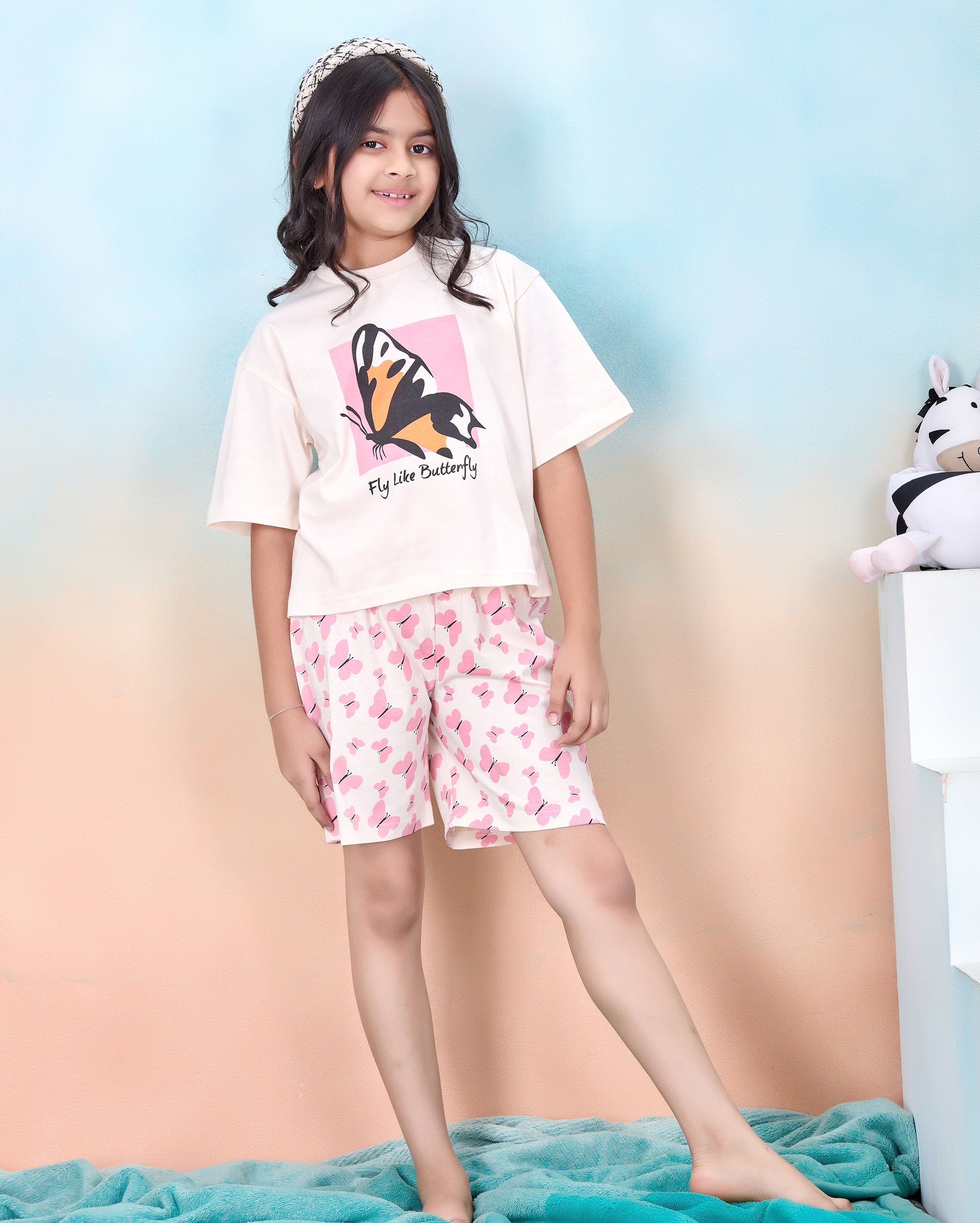 Girls Butterfly Print Cotton T-Shirt and Short Pyjama Set
