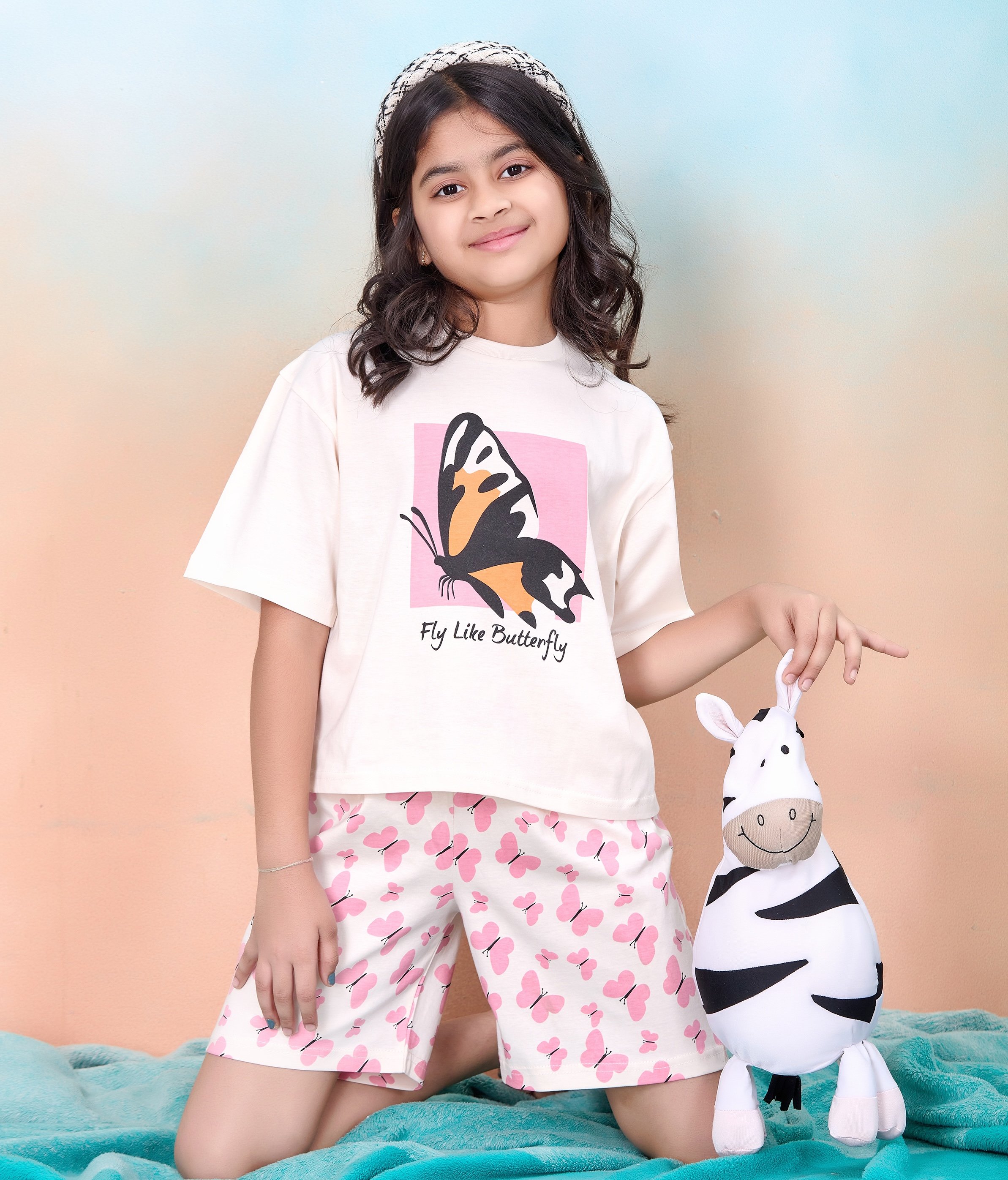 Girls Butterfly Print Cotton T-Shirt and Short Pyjama Set