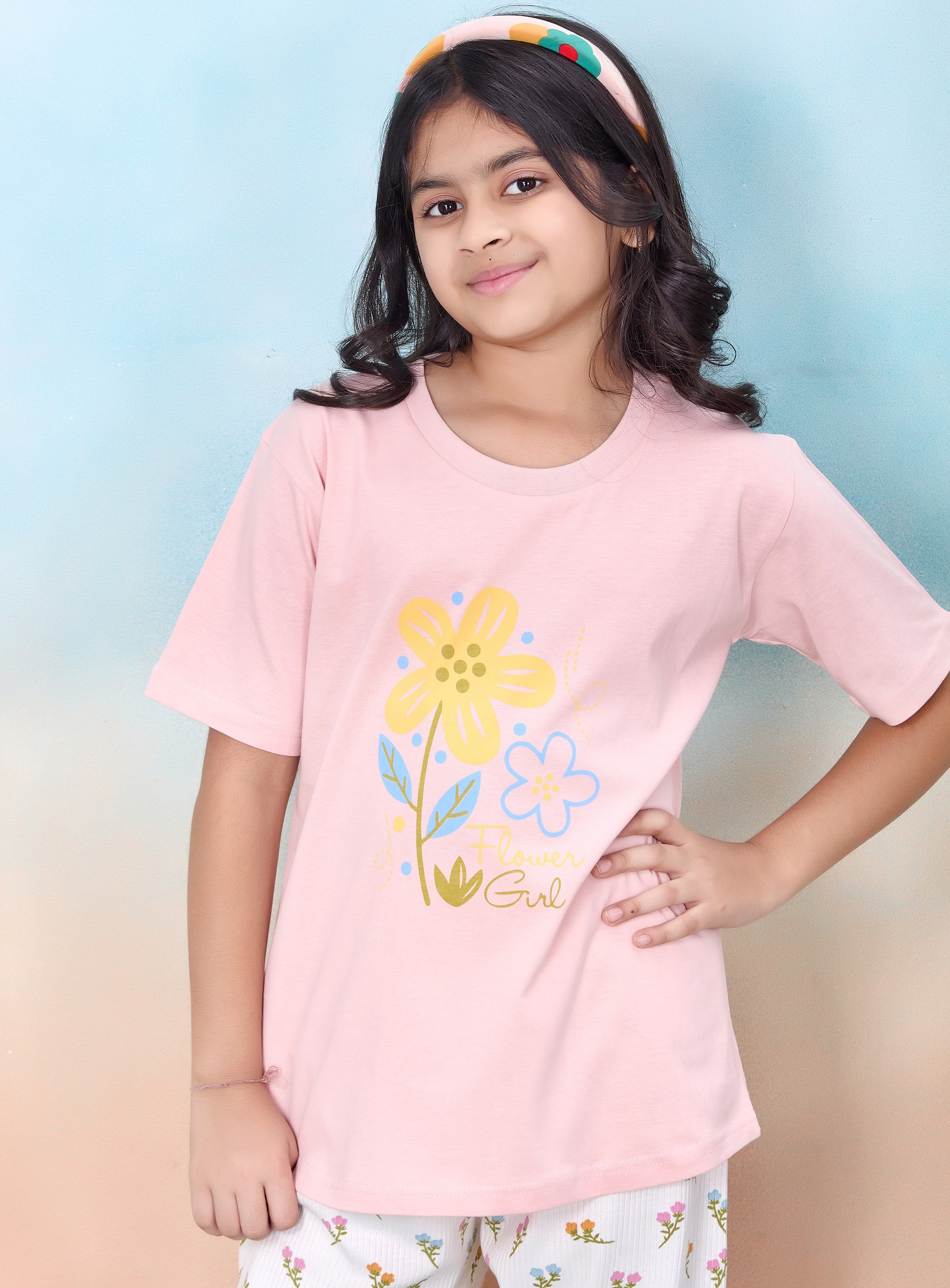 Girls Floral Print T-Shirt and Pyjama Set