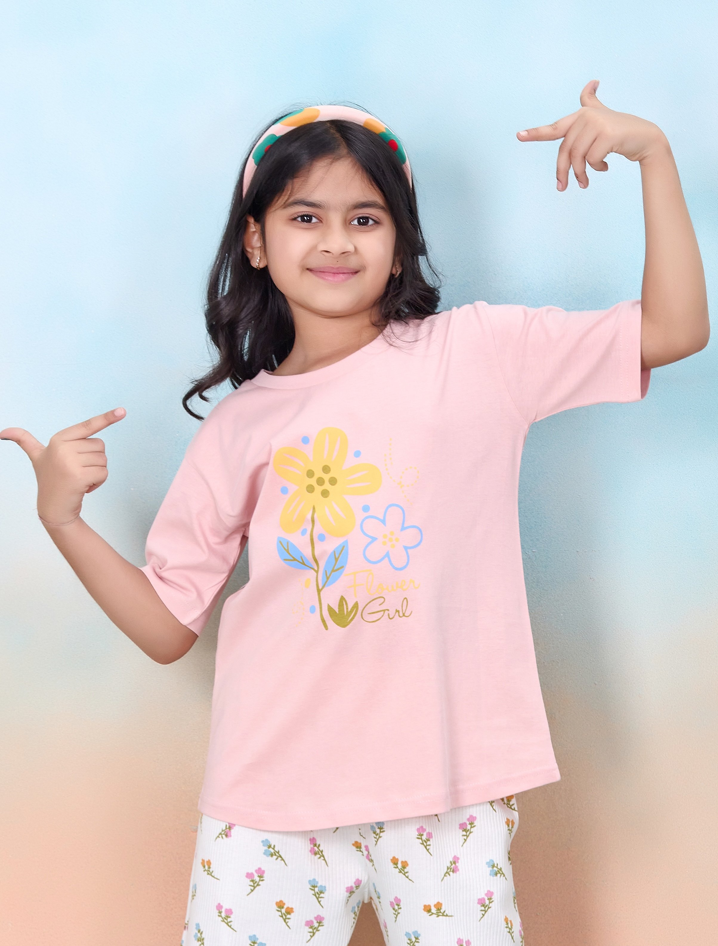Girls Floral Print T-Shirt and Pyjama Set