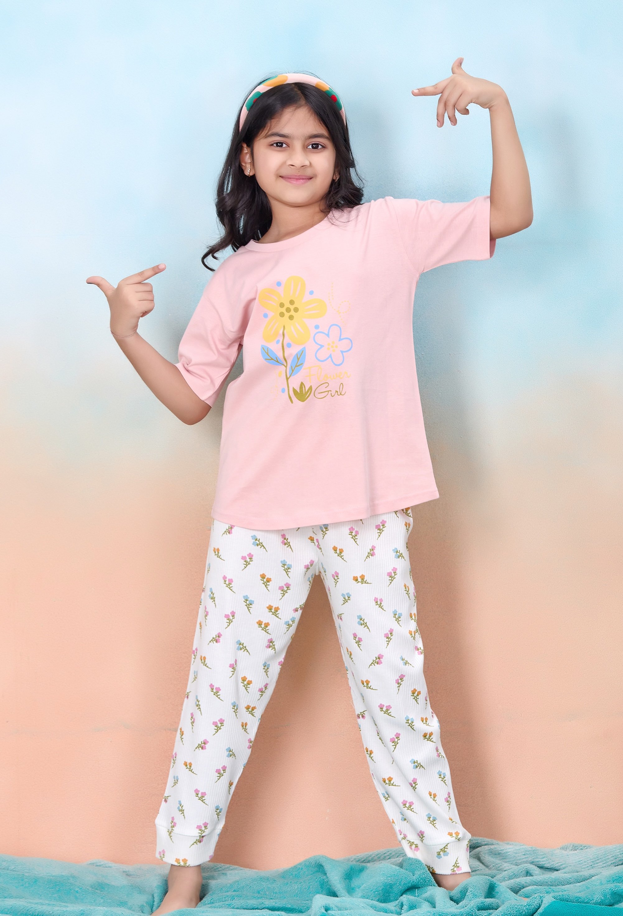 Girls Floral Print T-Shirt and Pyjama Set