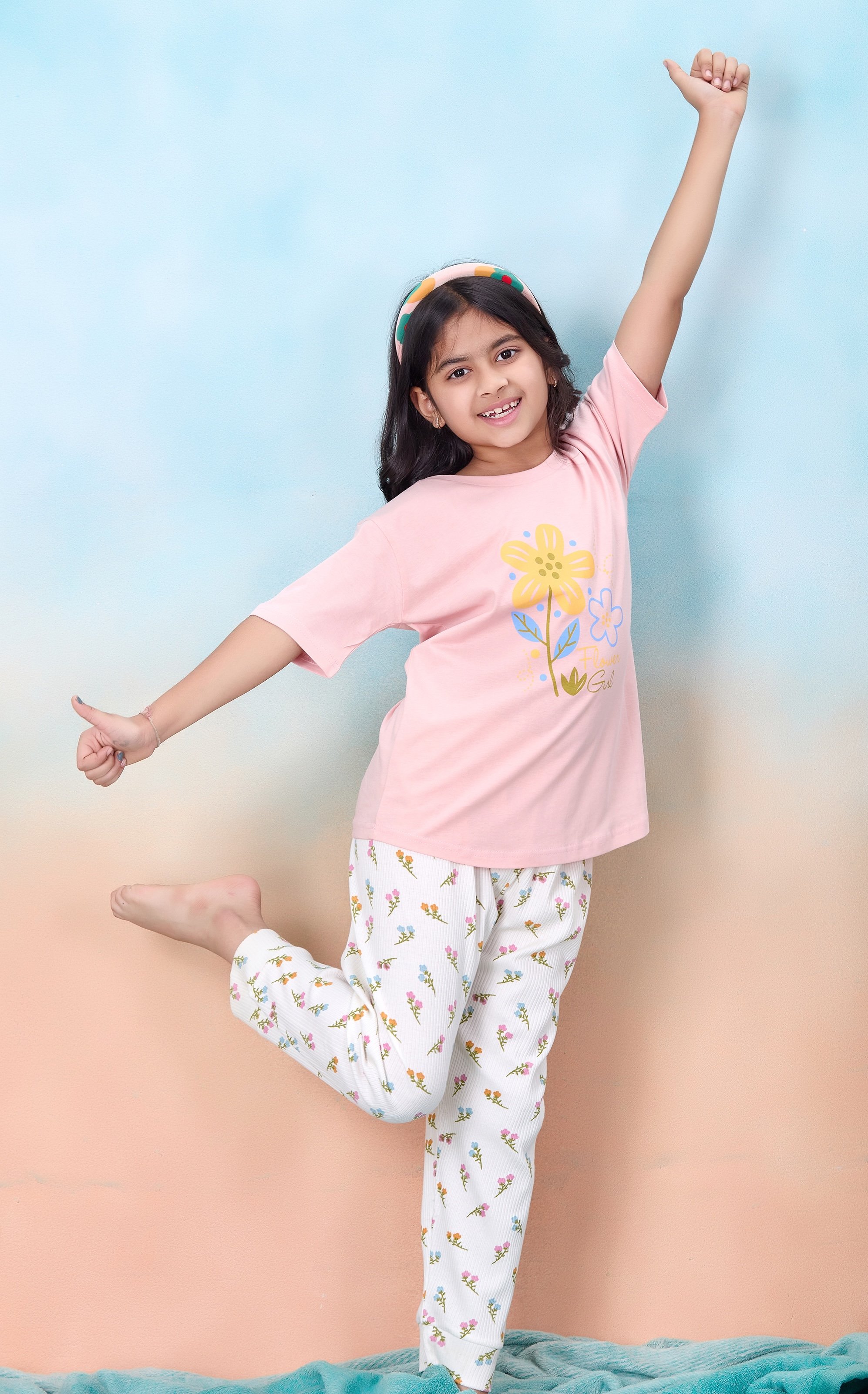 Girls Floral Print T-Shirt and Pyjama Set