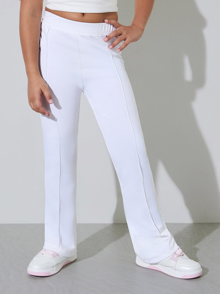 Teen Girls Off White Fit and Flared Leggings with Pin Tucks