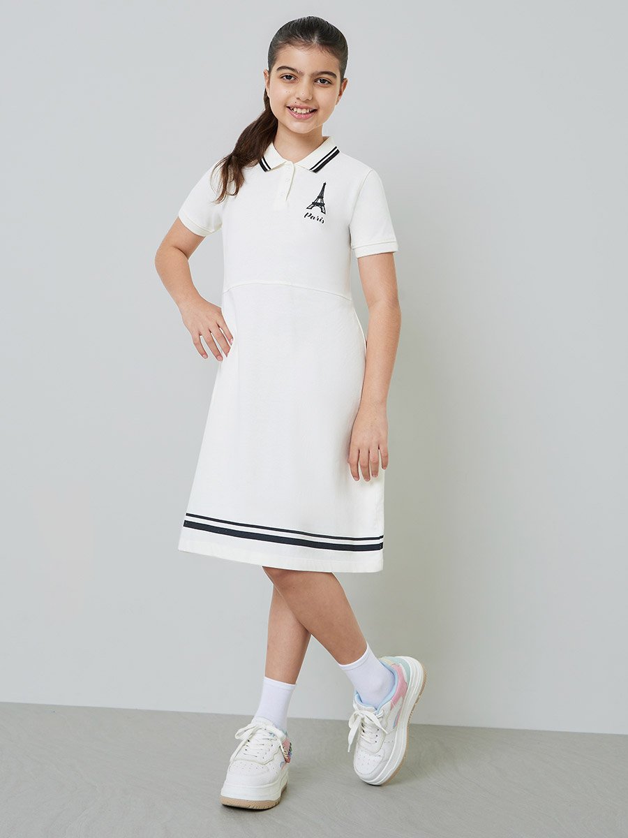 Teen Girls Cotton Polo T-Shirt Dress with Striped Hem
