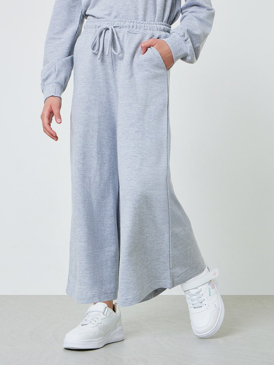 Teen Girls Grey Cotton Wide Leg Cropped Joggers