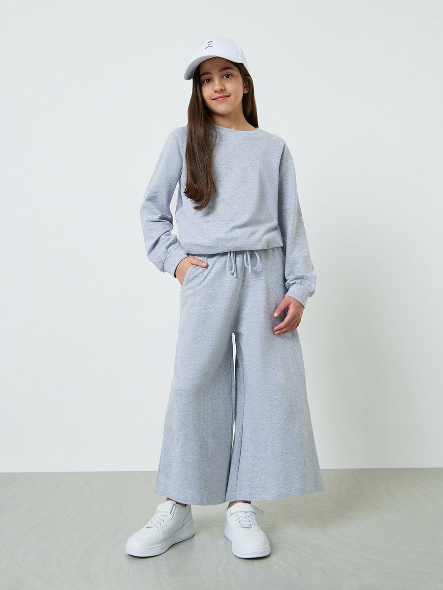Teen Girls Grey Cotton Wide Leg Cropped Joggers